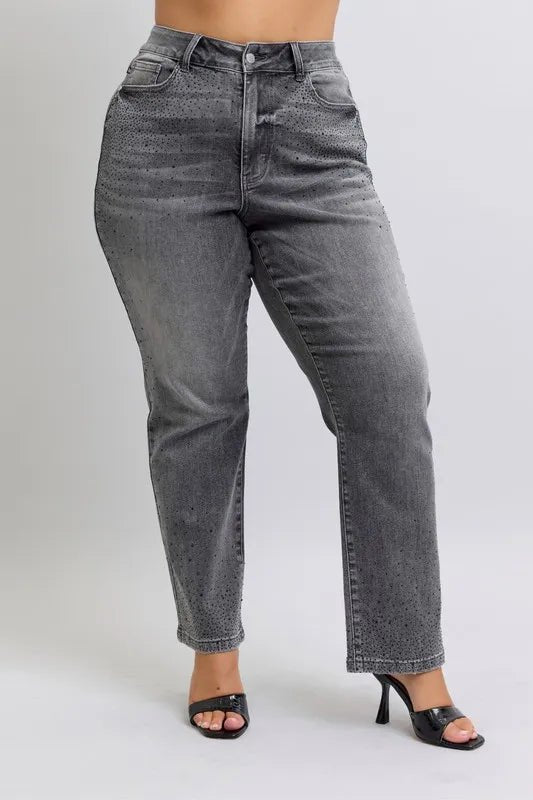 Judy Blue - High Rise Rhinestone Straight Jeans in Charcoal Wash