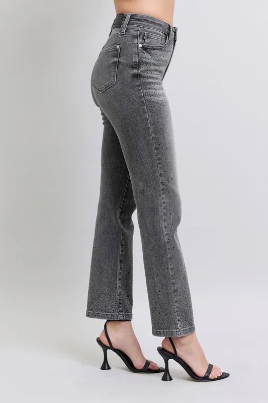 Judy Blue - High Rise Rhinestone Straight Jeans in Charcoal Wash