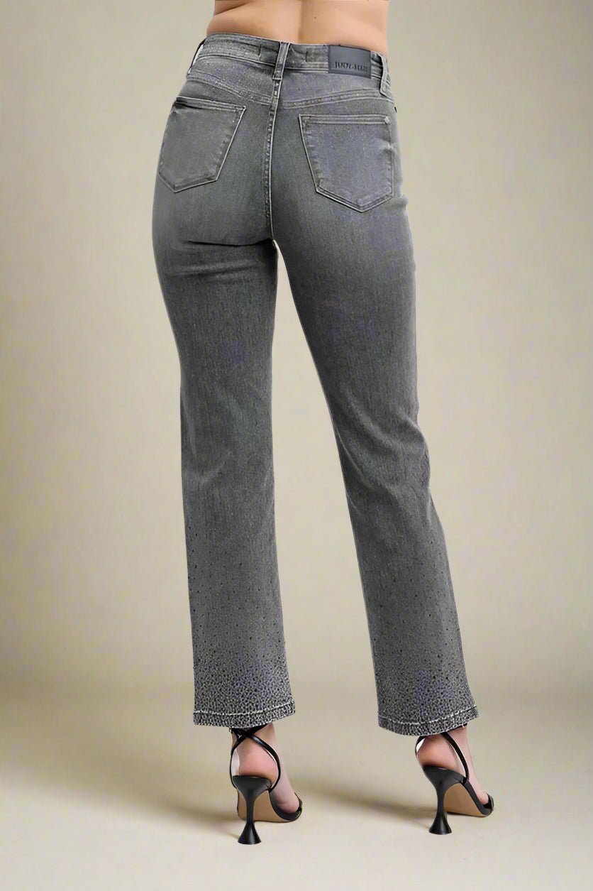 Judy Blue - High Rise Rhinestone Straight Jeans in Charcoal Wash