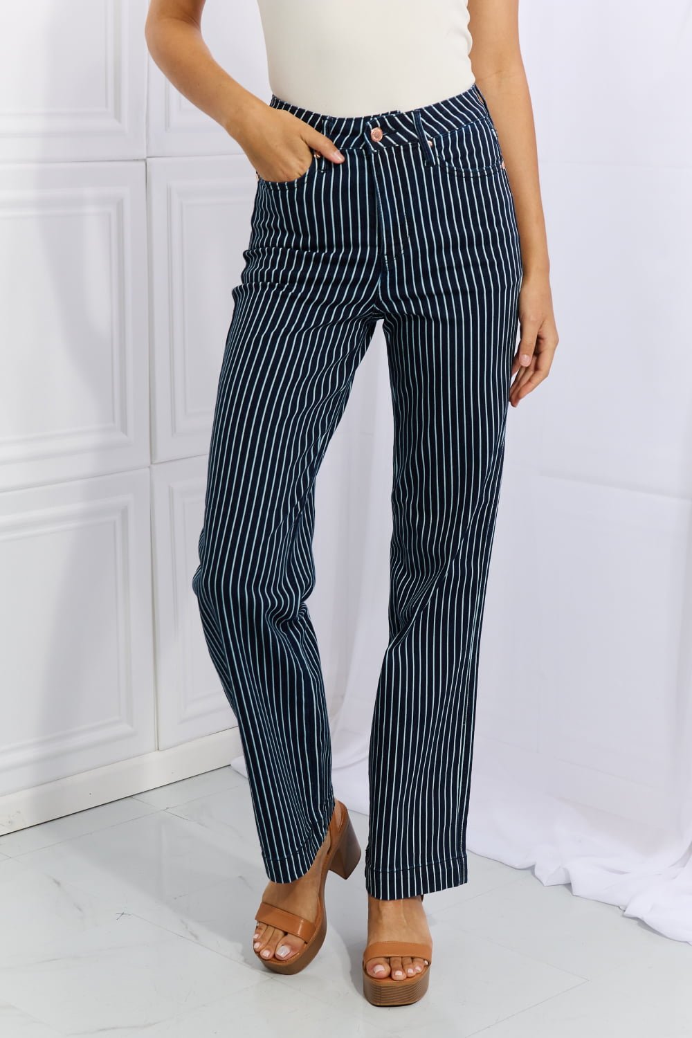 Judy Blue - High Waisted Tummy Control Striped Straight Leg Jeans in Deep Teal