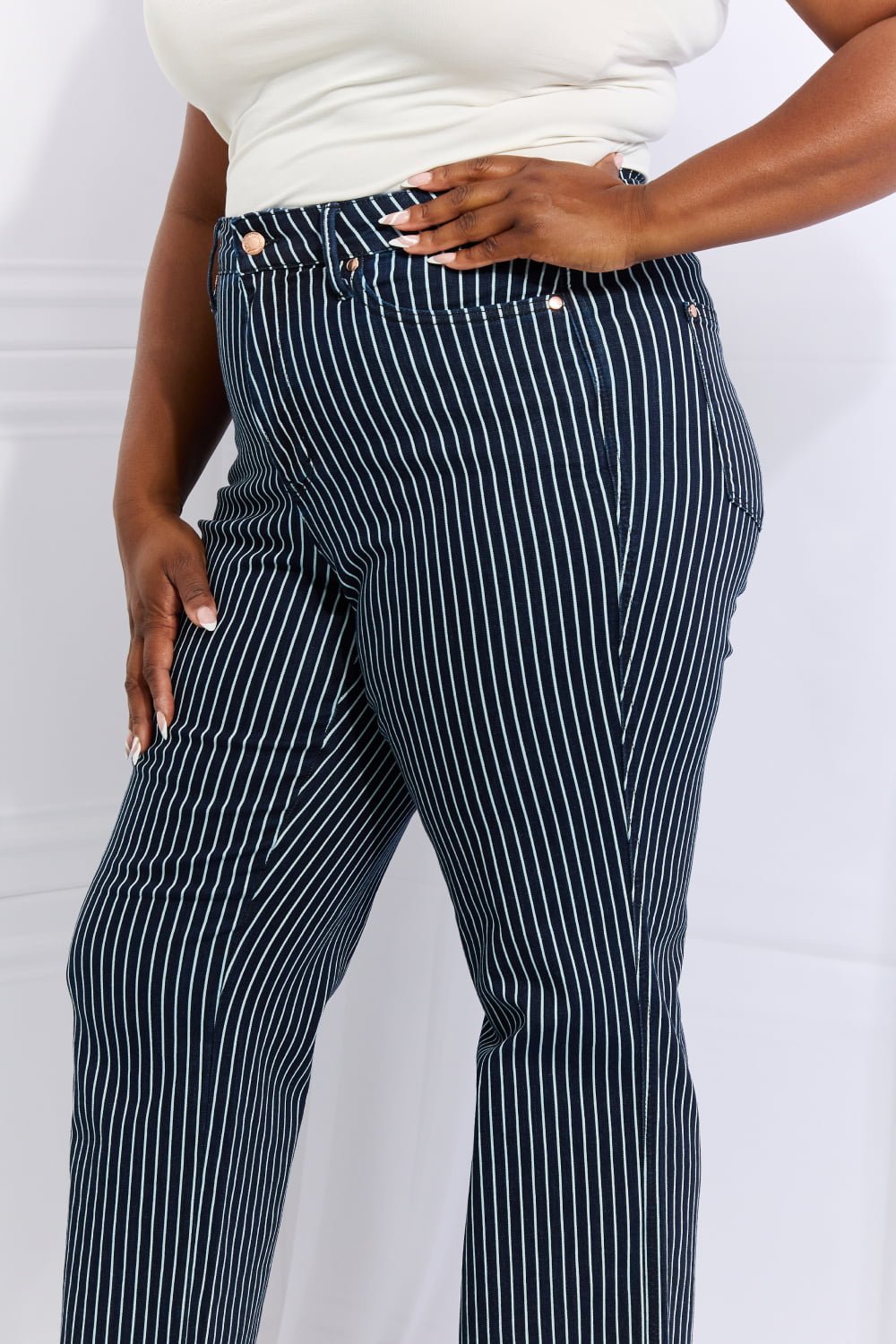 Judy Blue - High Waisted Tummy Control Striped Straight Leg Jeans in Deep Teal