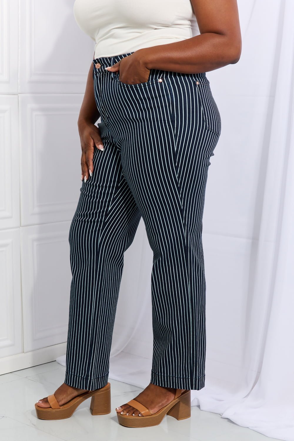 Judy Blue - High Waisted Tummy Control Striped Straight Leg Jeans in Deep Teal