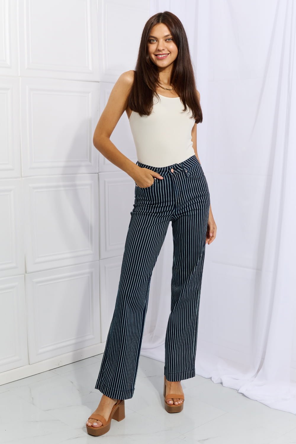 Judy Blue - High Waisted Tummy Control Striped Straight Leg Jeans in Deep Teal