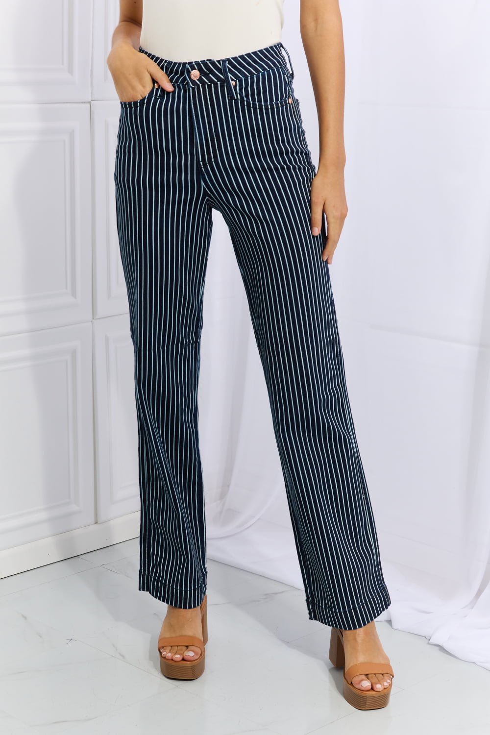 Judy Blue - High Waisted Tummy Control Striped Straight Leg Jeans in Deep Teal