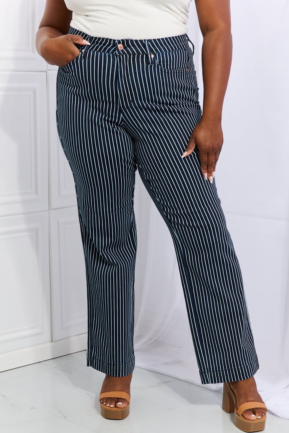 Judy Blue - High Waisted Tummy Control Striped Straight Leg Jeans in Deep Teal