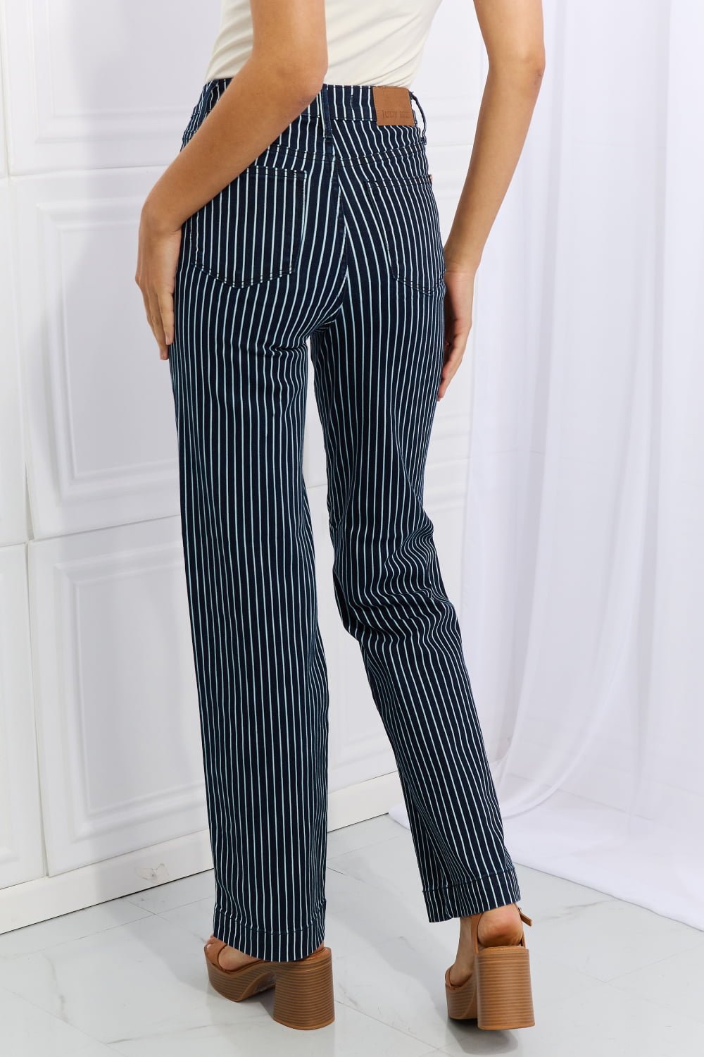 Judy Blue - High Waisted Tummy Control Striped Straight Leg Jeans in Deep Teal