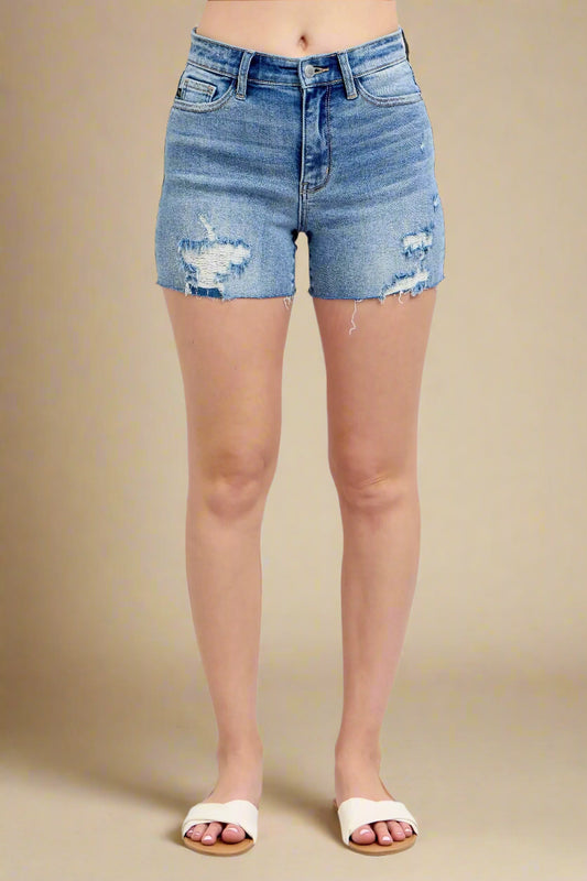 Judy Blue - Light Wash Distressed High Rise Denim Shorts