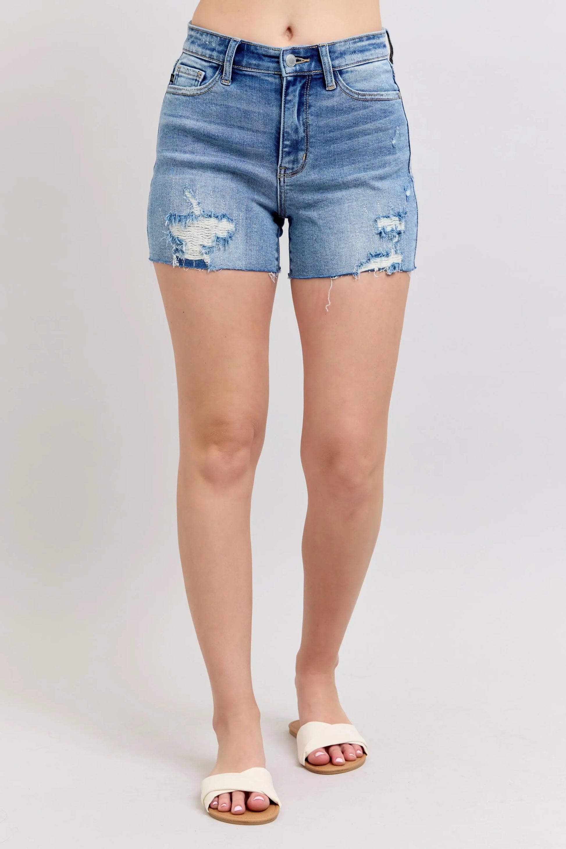 Judy Blue - Light Wash Distressed High Rise Denim Shorts