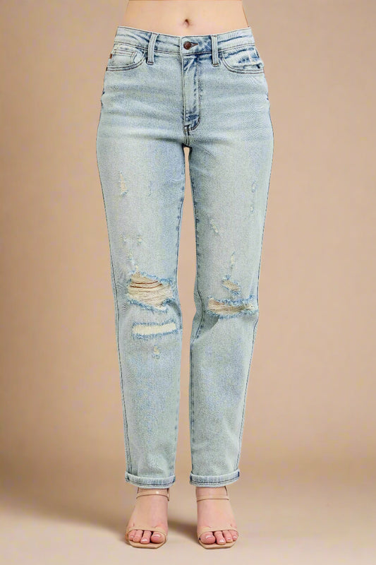 Judy Blue - Light Wash Distressed Straight Leg Jeans