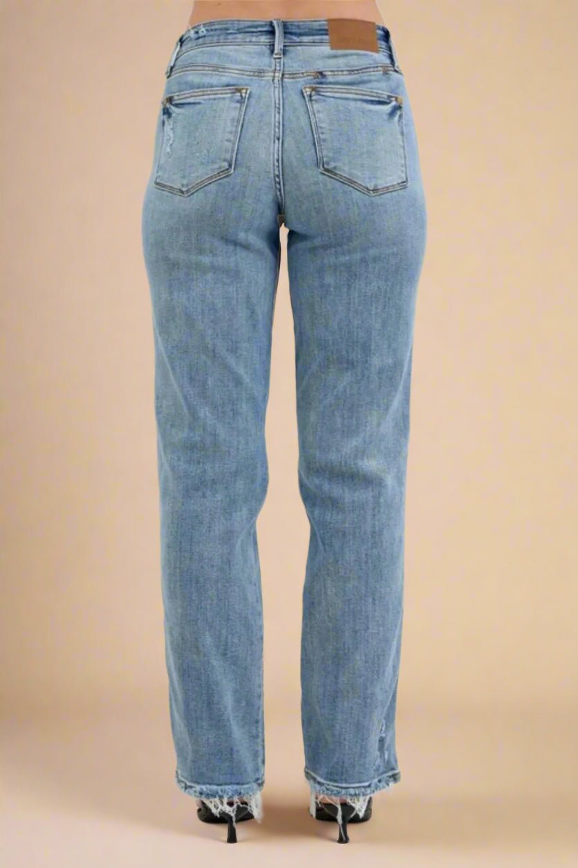 Judy Blue - Light Wash High Rise Straight Leg Jeans with Raw Hem