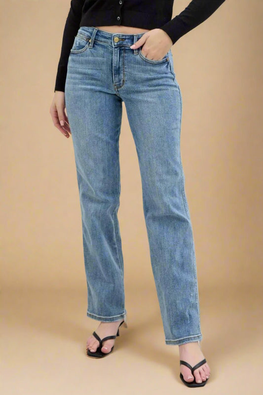 Judy Blue - Light Wash High Rise Straight Leg Jeans with Raw Hem