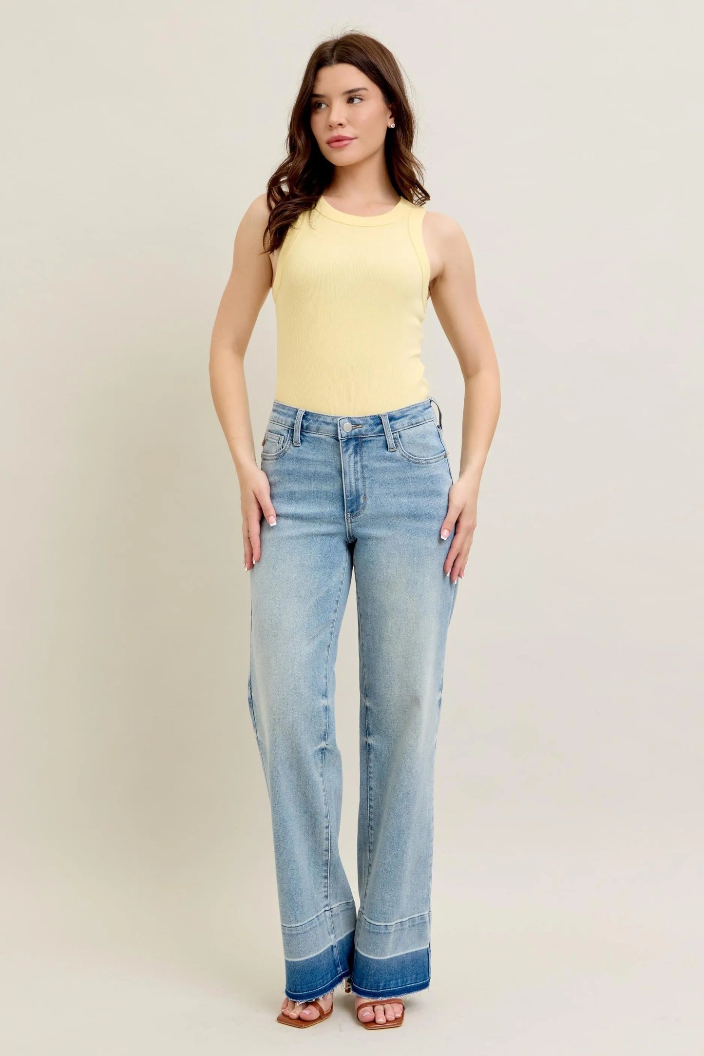 Judy Blue - Light Wash Wide Leg Jeans with Contrast Hem