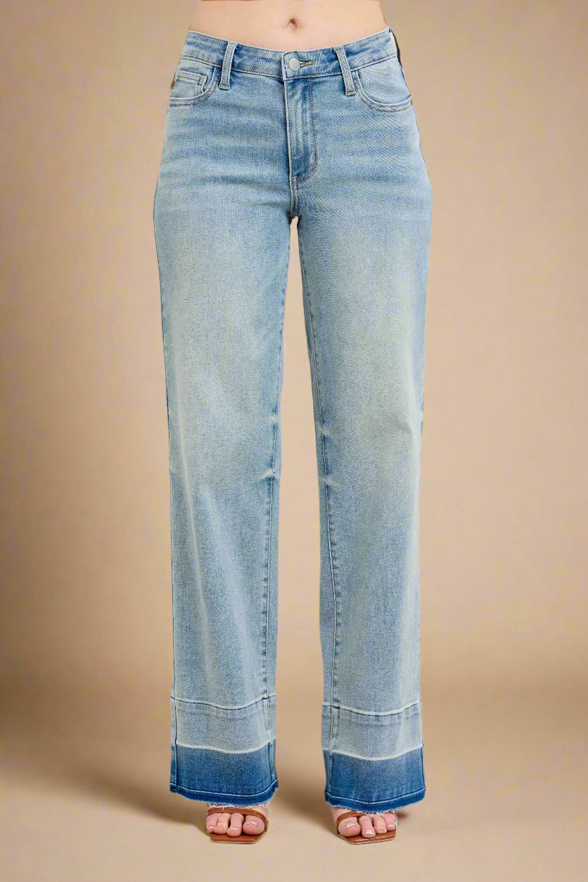 Judy Blue - Light Wash Wide Leg Jeans with Contrast Hem