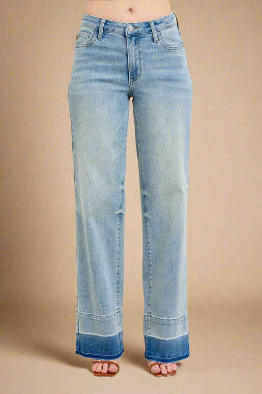 Judy Blue - Light Wash Wide Leg Jeans with Contrast Hem