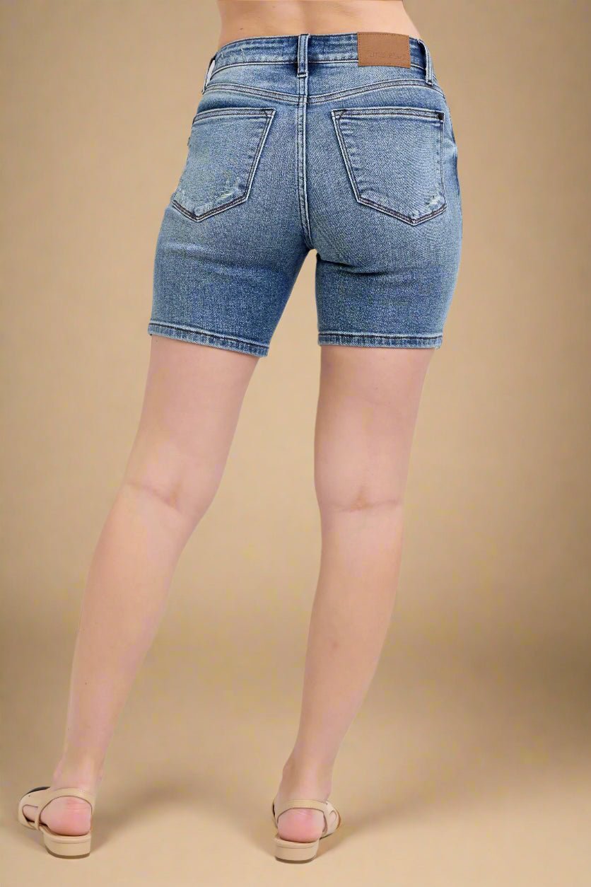 Judy Blue - Medium Wash Distressed Button Fly Denim Shorts