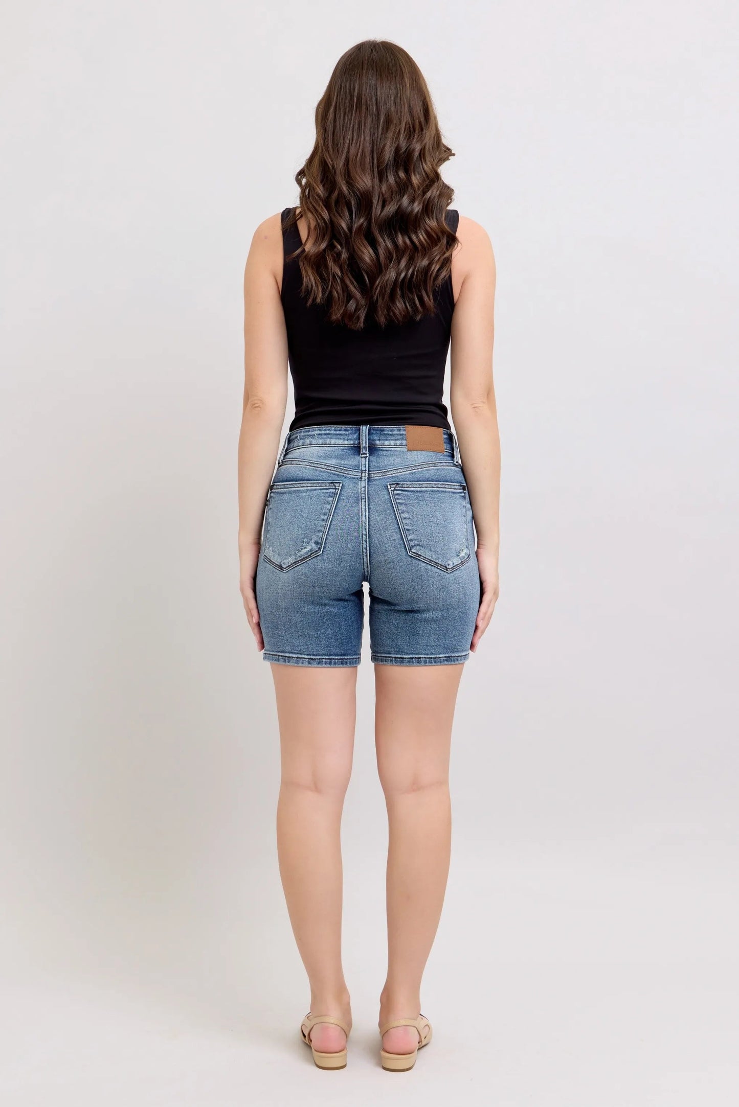 Judy Blue - Medium Wash Distressed Button Fly Denim Shorts