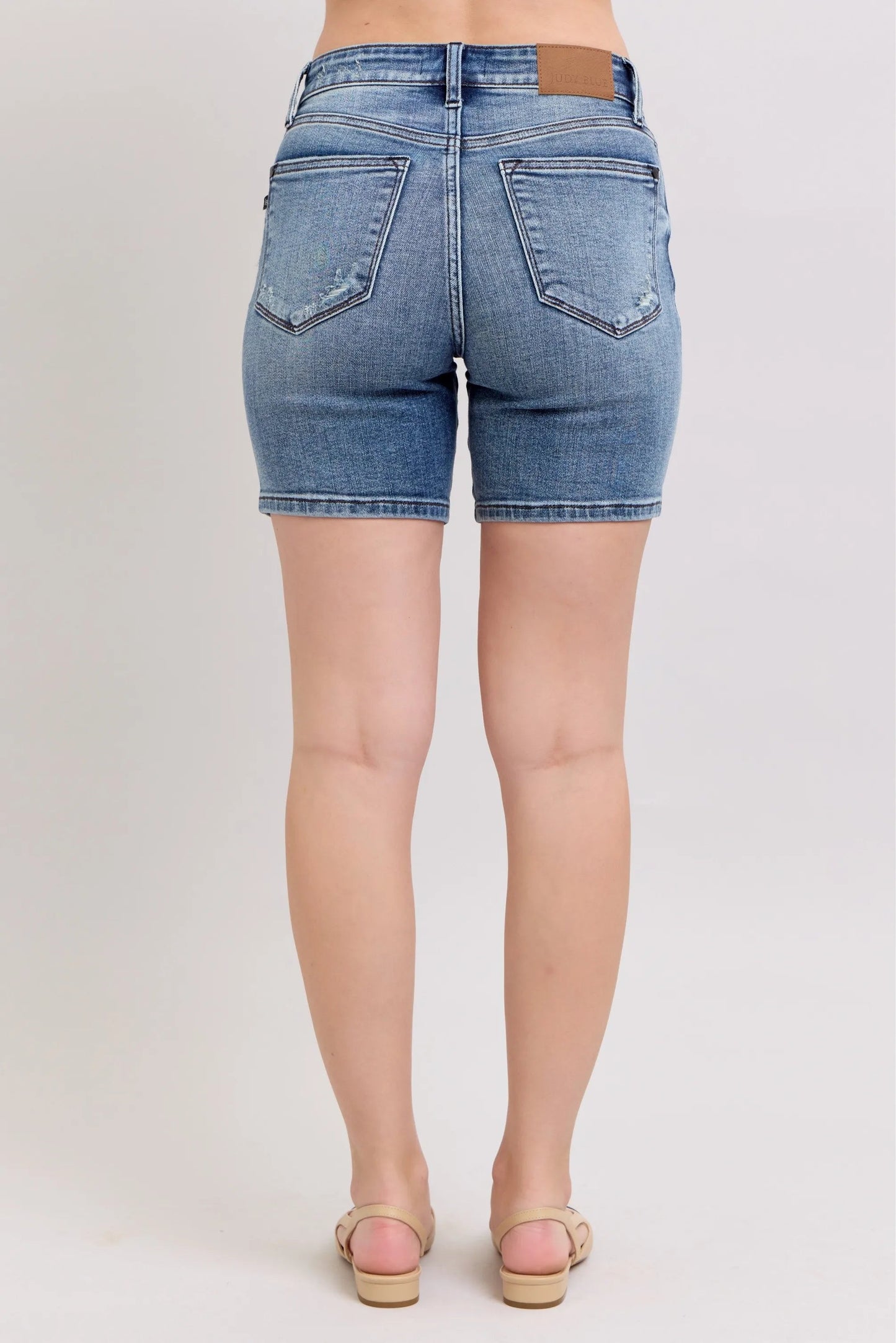 Judy Blue - Medium Wash Distressed Button Fly Denim Shorts