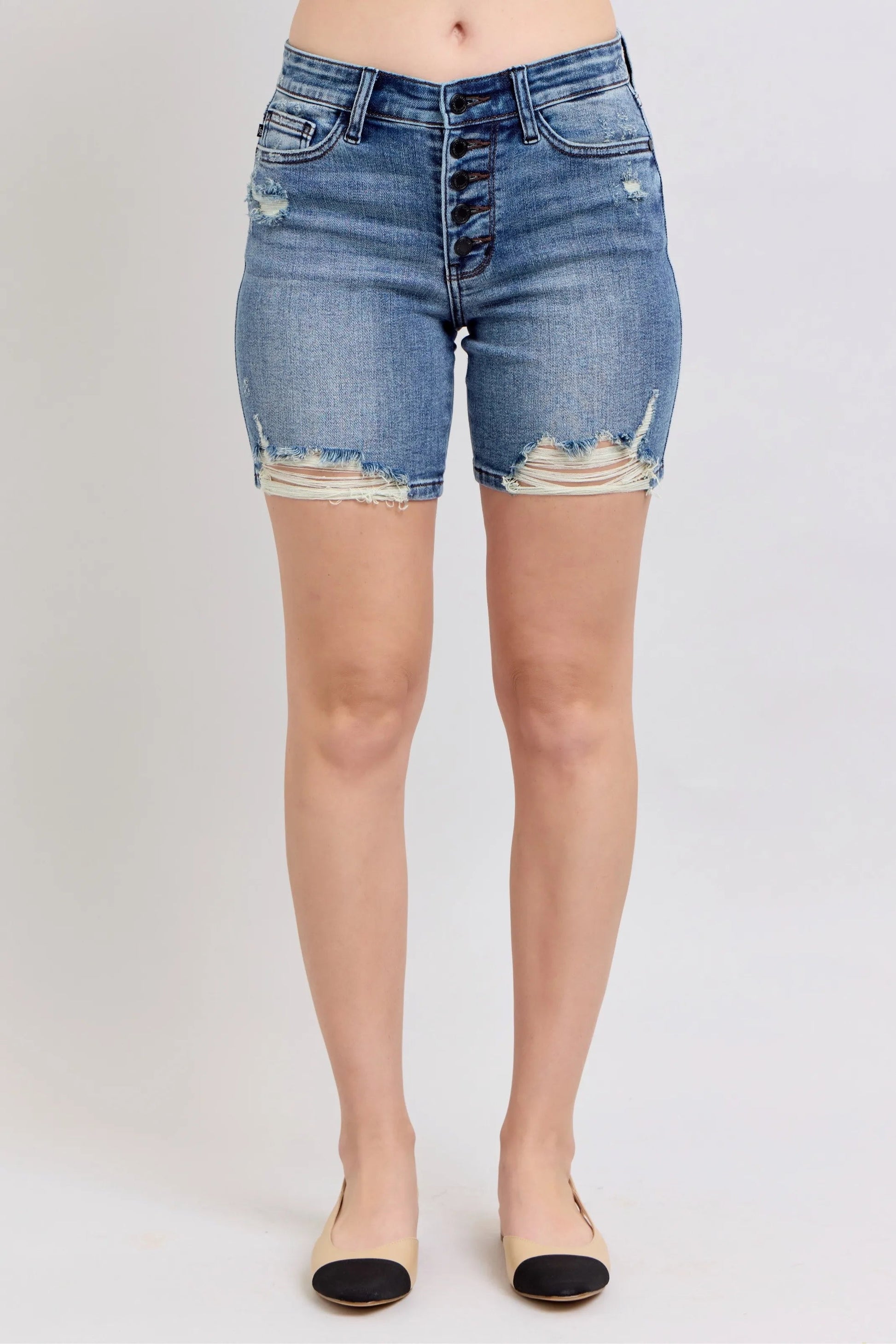 Judy Blue - Medium Wash Distressed Button Fly Denim Shorts