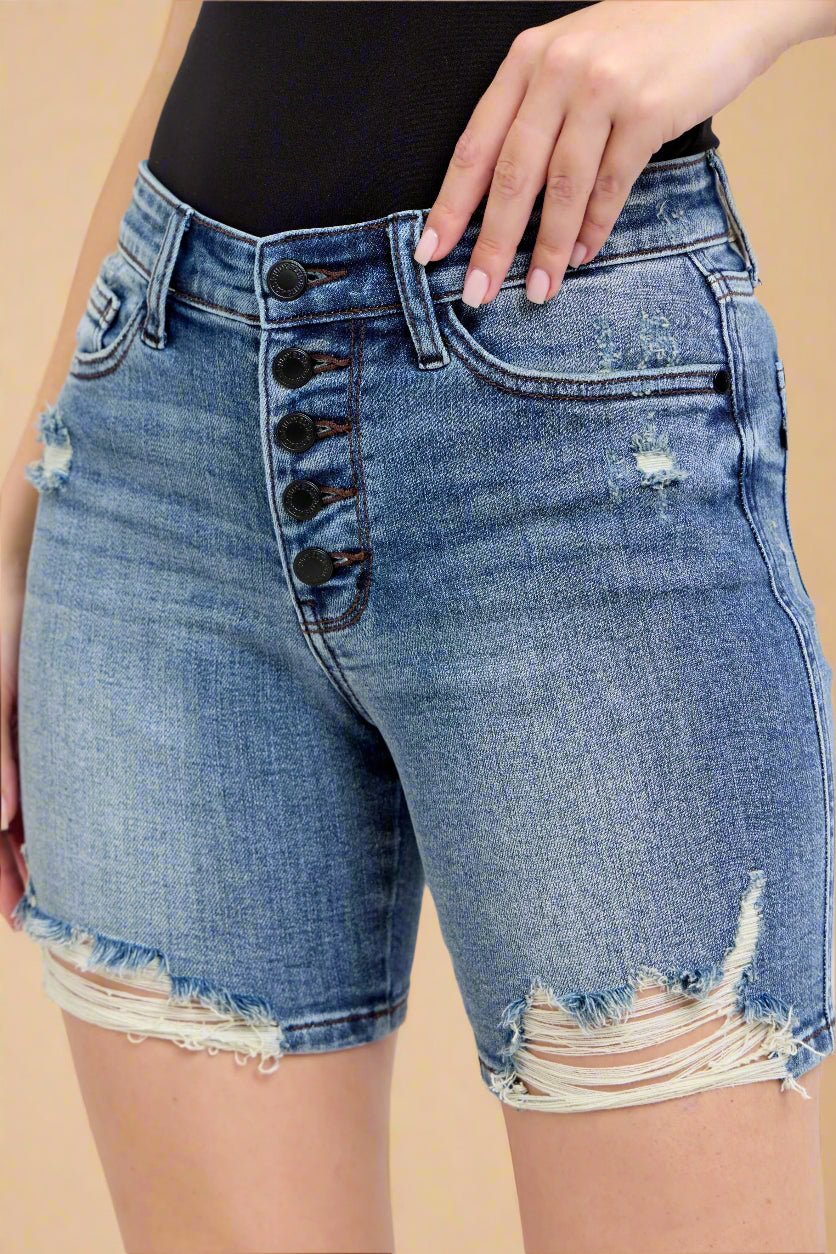 Judy Blue - Medium Wash Distressed Button Fly Denim Shorts
