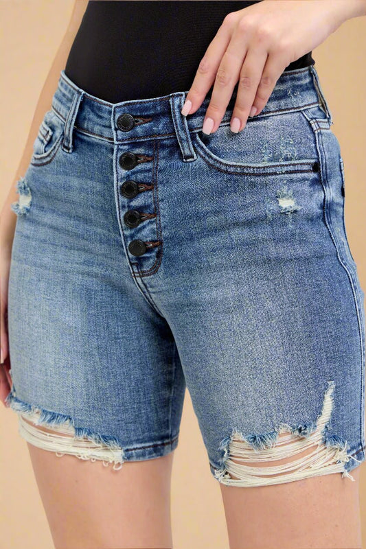 Judy Blue - Medium Wash Distressed Button Fly Denim Shorts