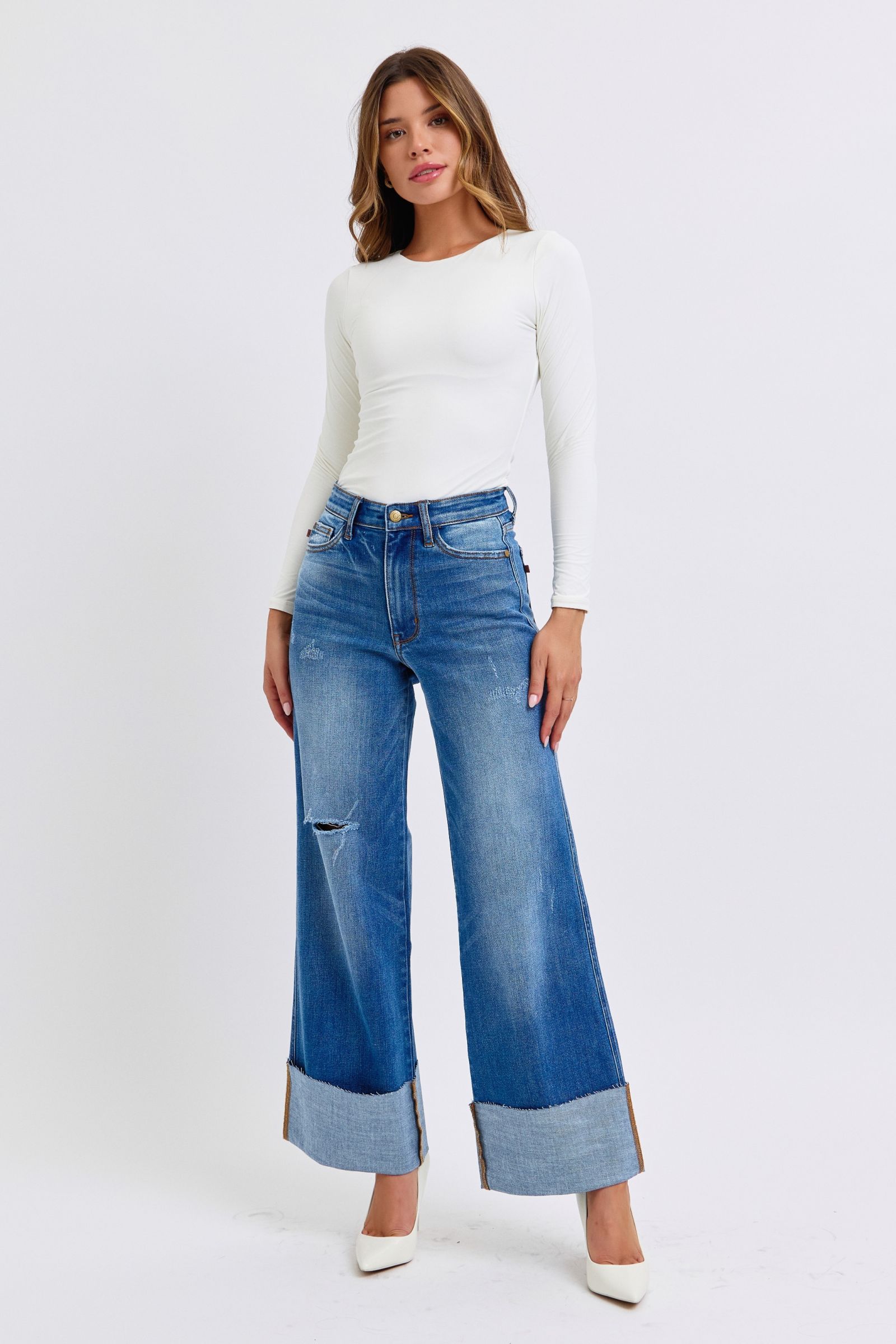 Judy Blue - Medium Wash Distressed High Waist Wide Leg Jeans