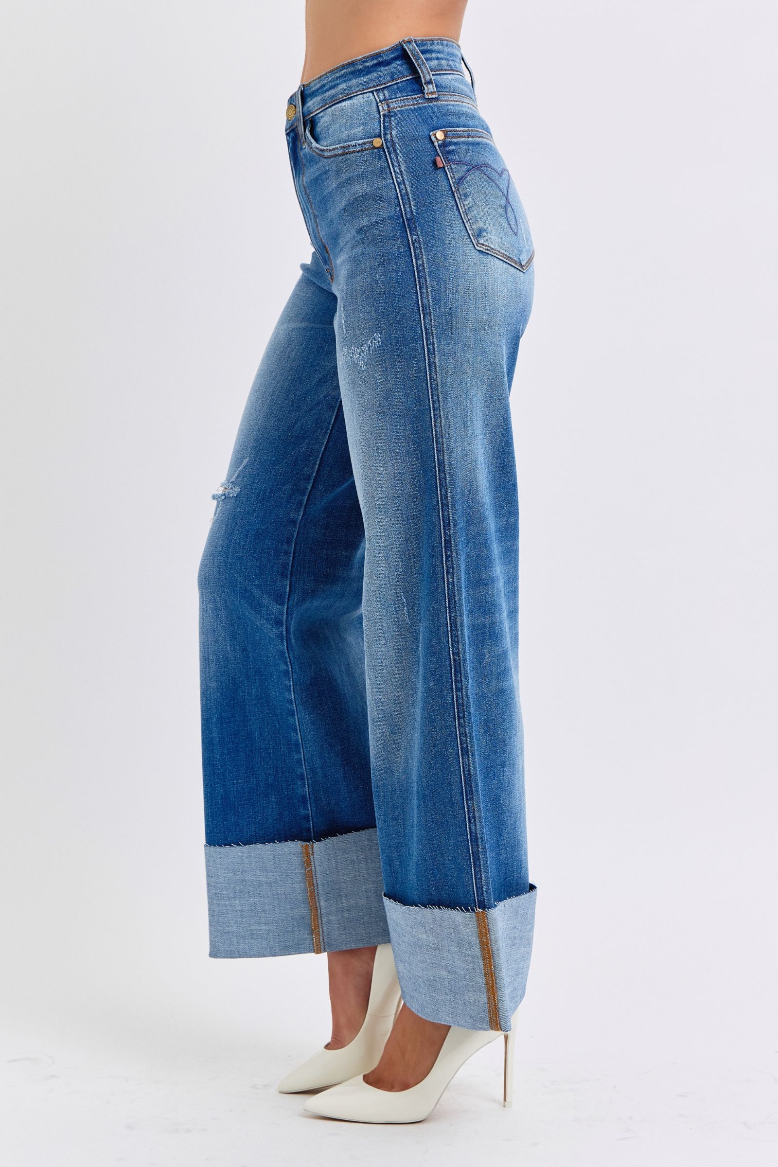 Judy Blue - Medium Wash Distressed High Waist Wide Leg Jeans