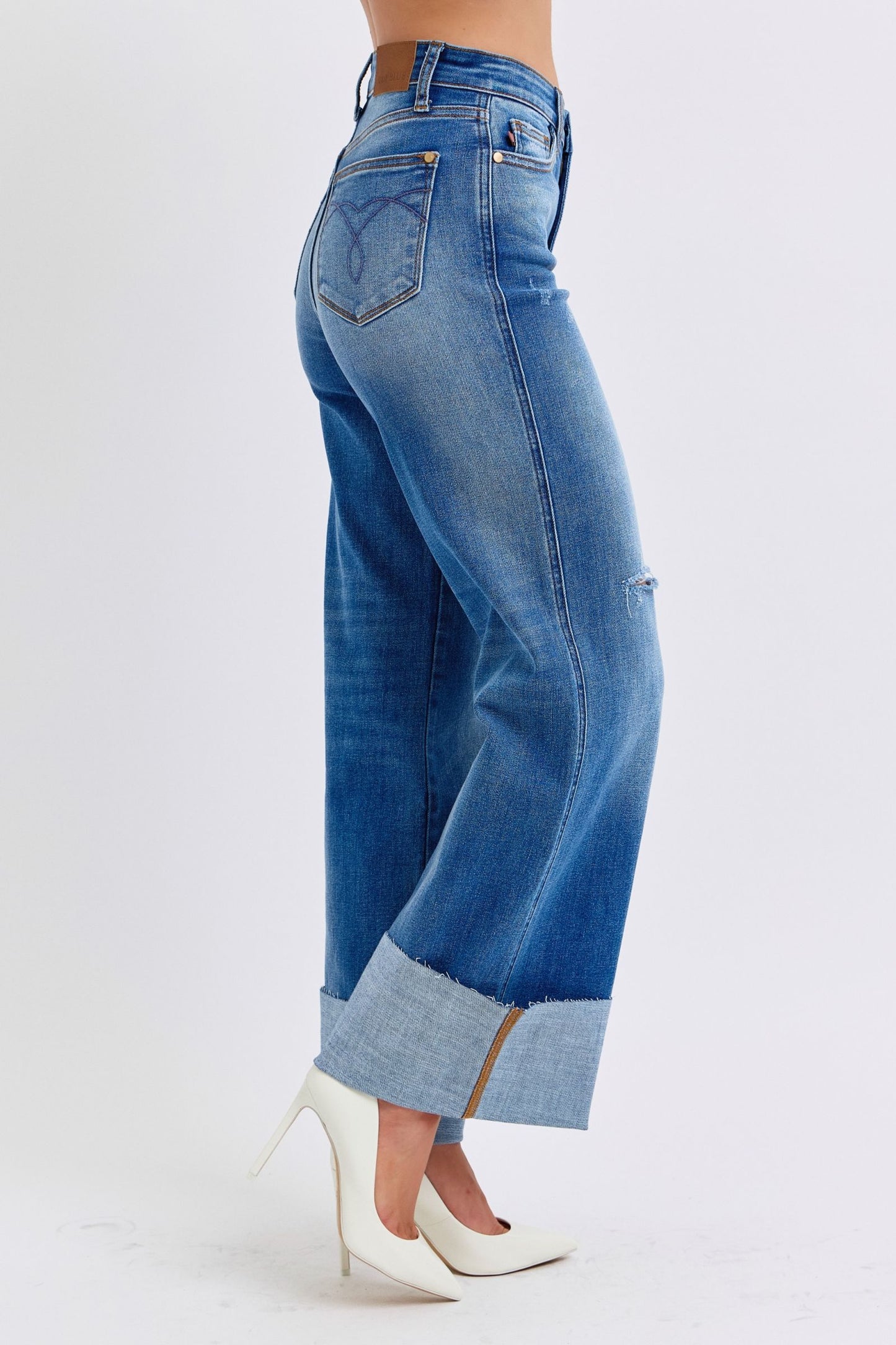 Judy Blue - Medium Wash Distressed High Waist Wide Leg Jeans