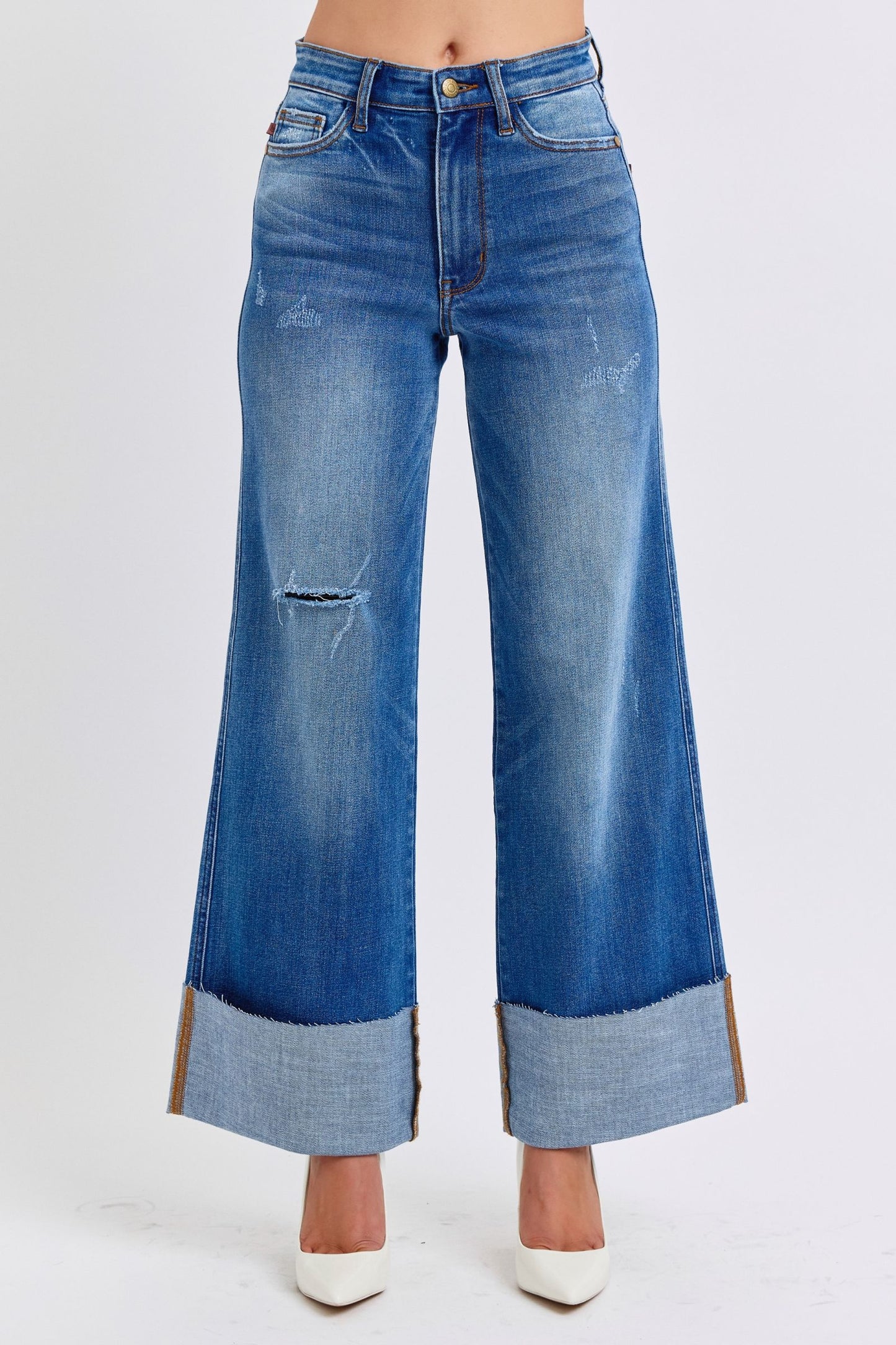 Judy Blue - Medium Wash Distressed High Waist Wide Leg Jeans