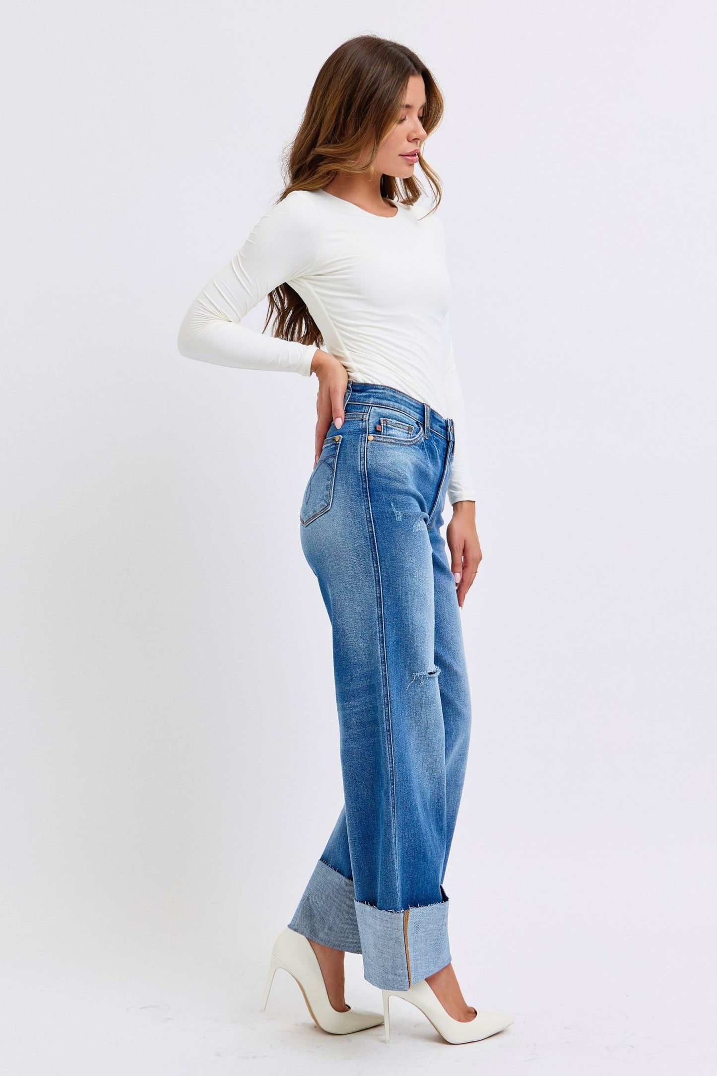 Judy Blue - Medium Wash Distressed High Waist Wide Leg Jeans