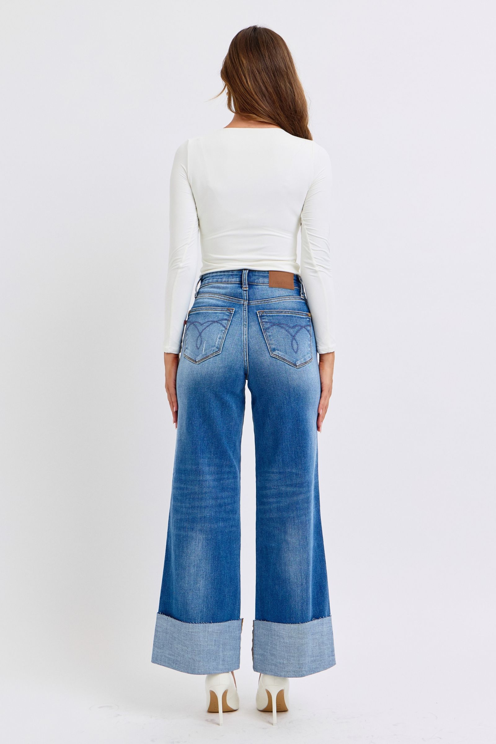 Judy Blue - Medium Wash Distressed High Waist Wide Leg Jeans