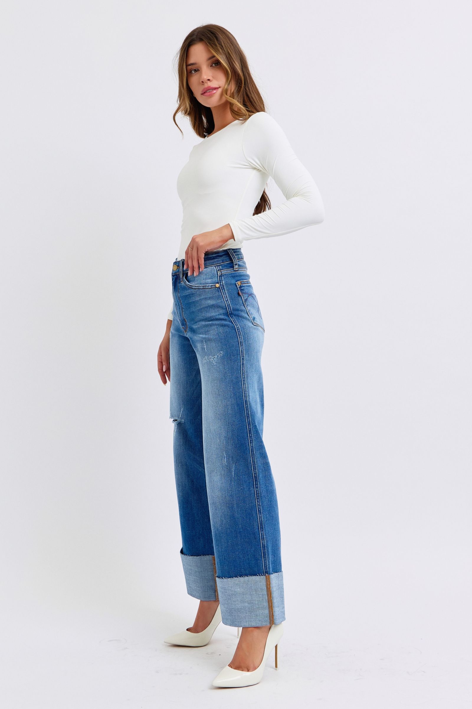 Judy Blue - Medium Wash Distressed High Waist Wide Leg Jeans