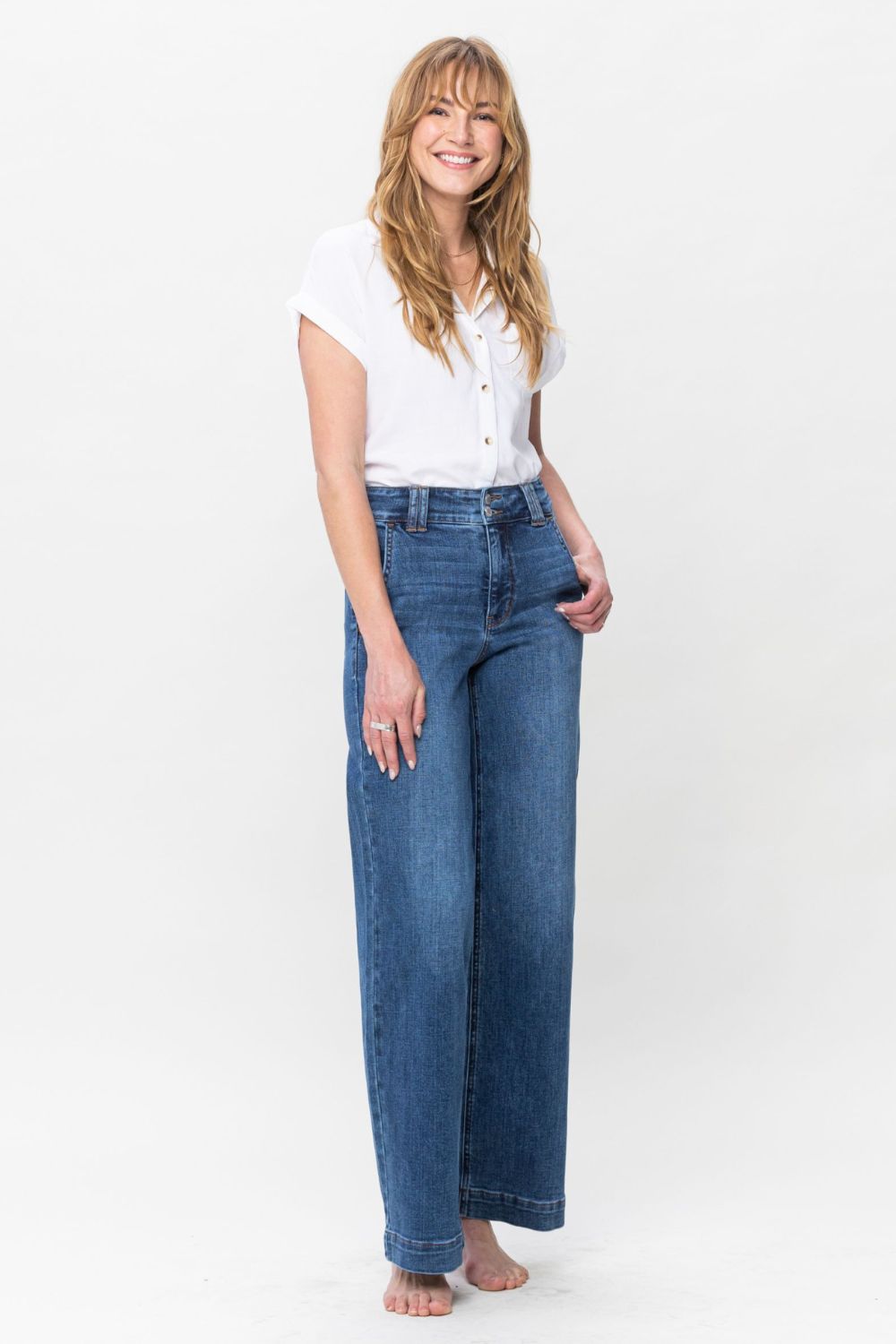 Judy Blue - Medium Wash Double Button Wide Leg Jeans