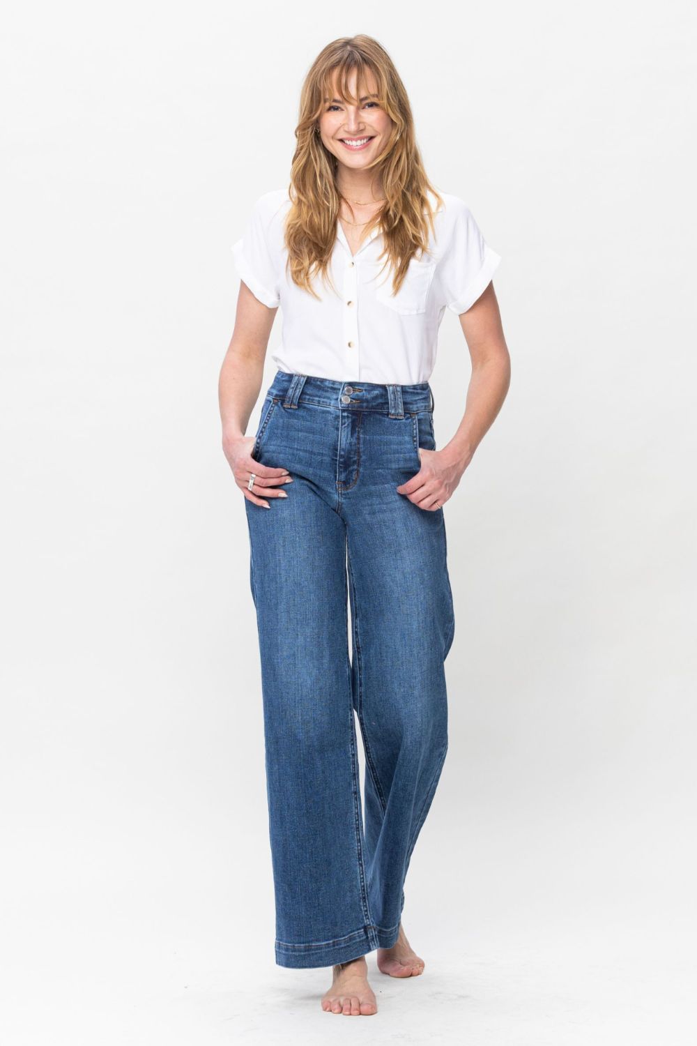 Judy Blue - Medium Wash Double Button Wide Leg Jeans