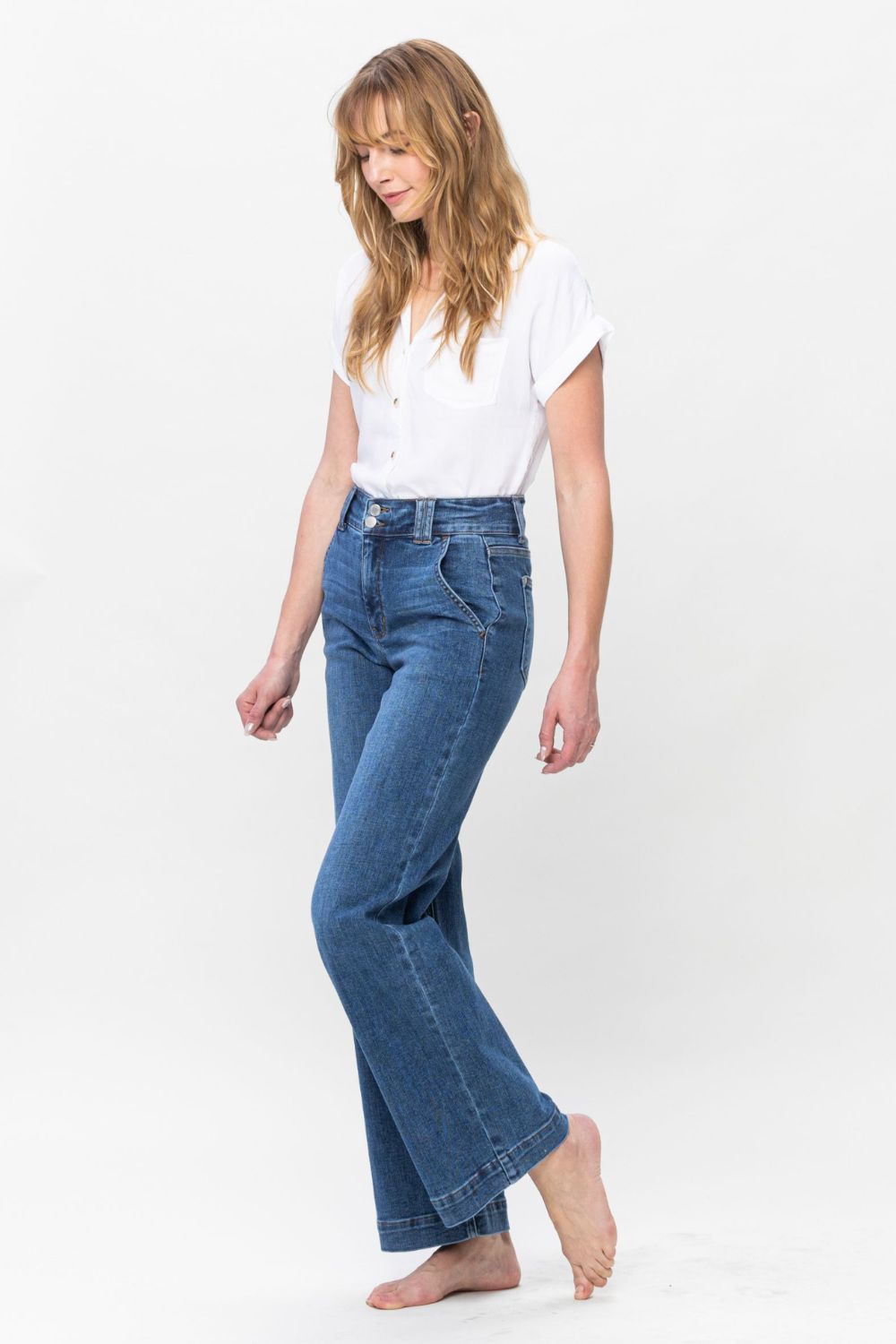 Judy Blue - Medium Wash Double Button Wide Leg Jeans