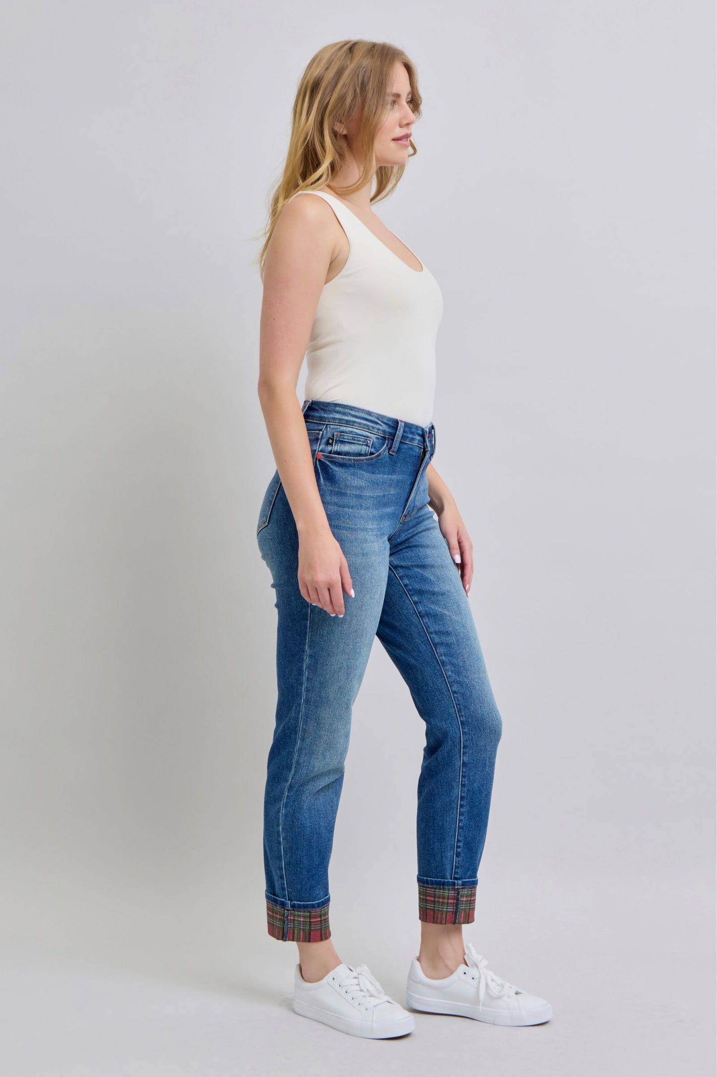 Judy Blue - Medium Wash Plaid Cuff Straight Leg Jeans