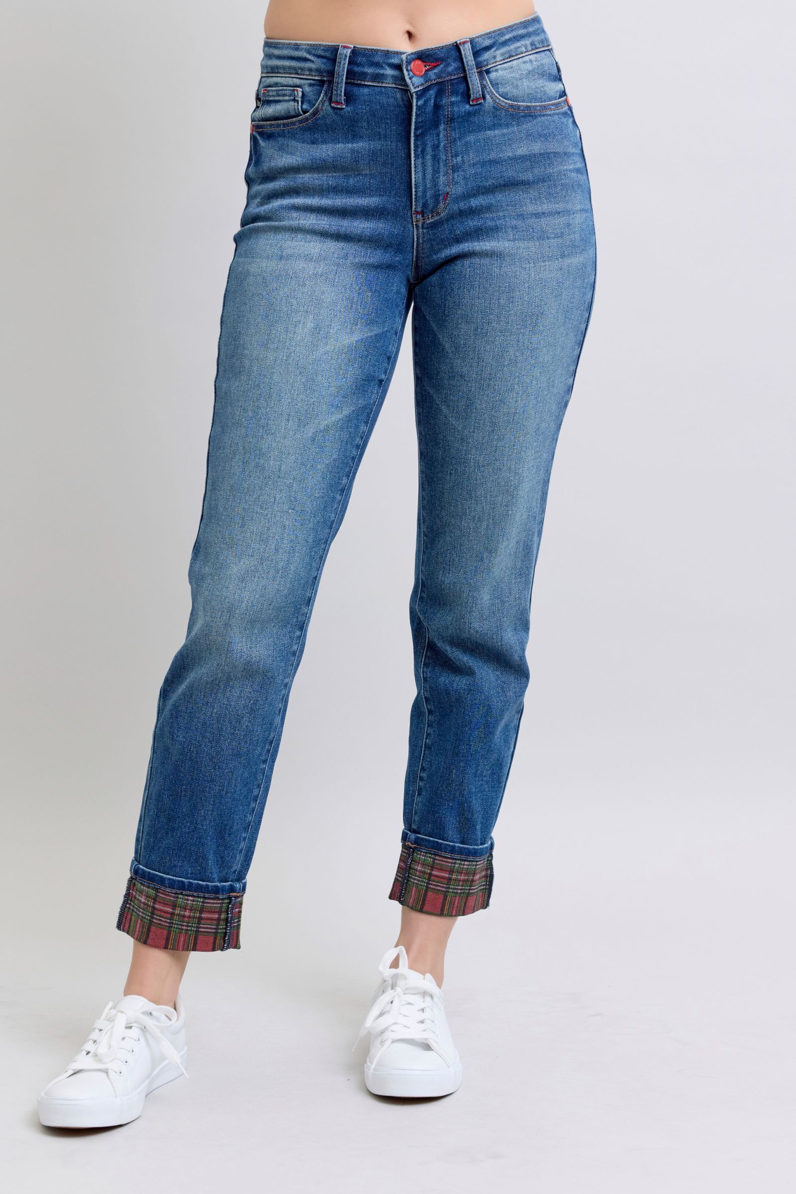 Judy Blue - Medium Wash Plaid Cuff Straight Leg Jeans