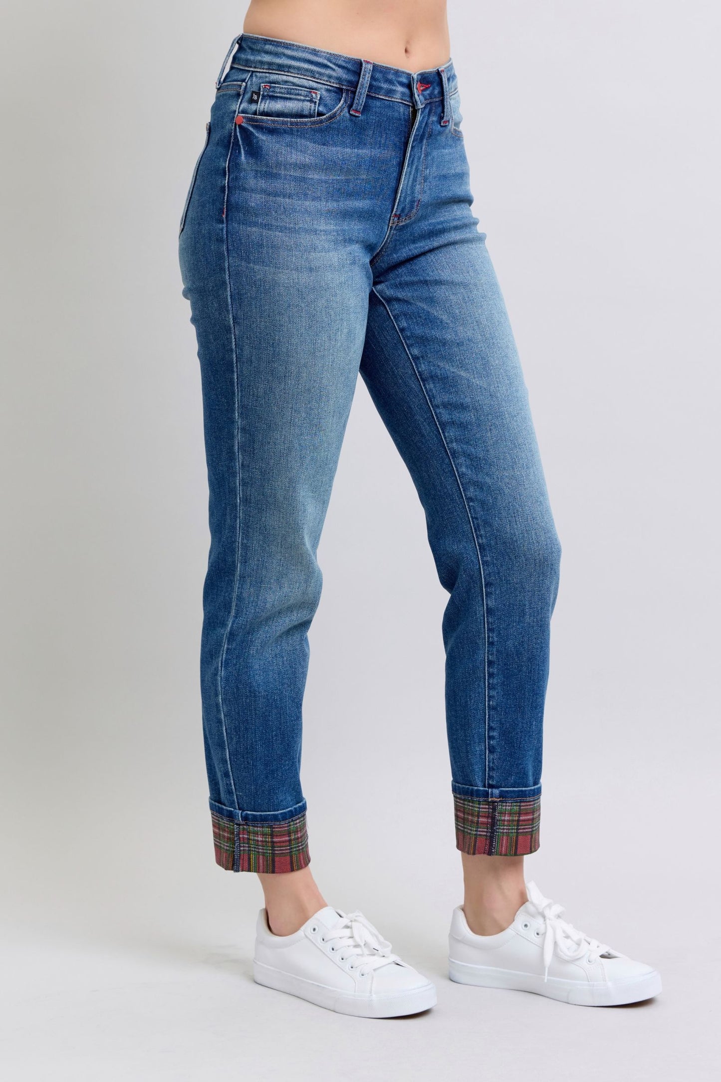 Judy Blue - Medium Wash Plaid Cuff Straight Leg Jeans