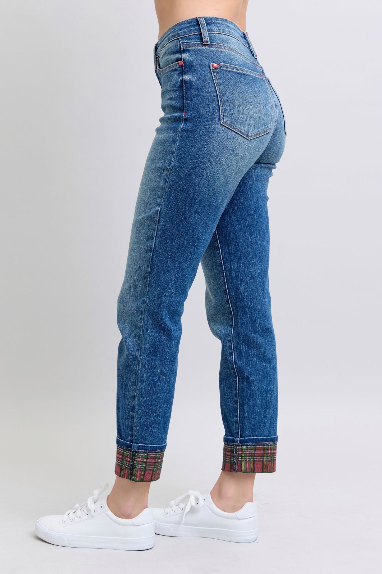 Judy Blue - Medium Wash Plaid Cuff Straight Leg Jeans