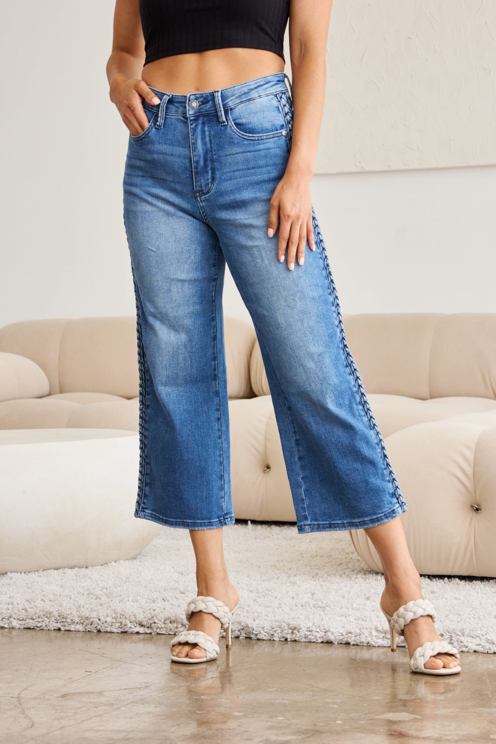 Judy Blue - Medium Wash Side Braid Detail Wide Leg Jeans