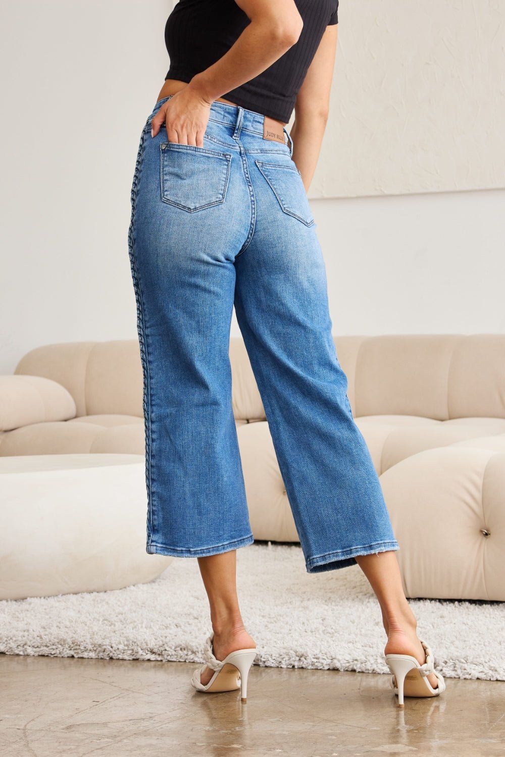 Judy Blue - Medium Wash Side Braid Detail Wide Leg Jeans