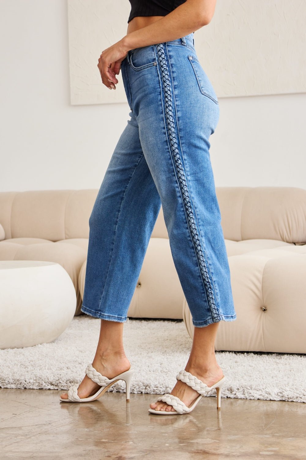 Judy Blue - Medium Wash Side Braid Detail Wide Leg Jeans