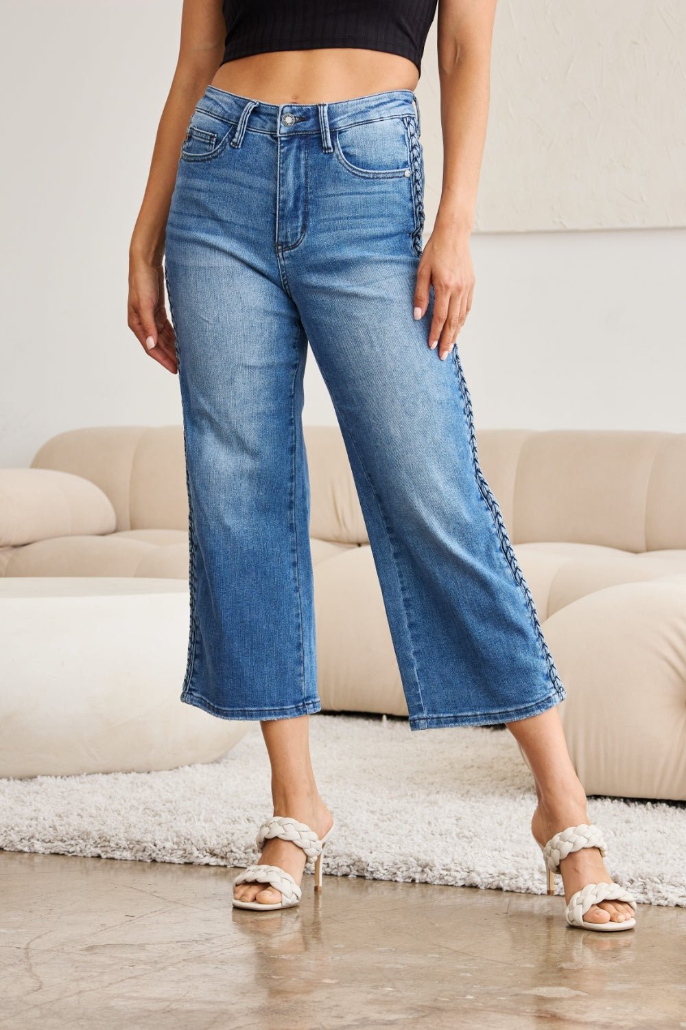 Judy Blue - Medium Wash Side Braid Detail Wide Leg Jeans