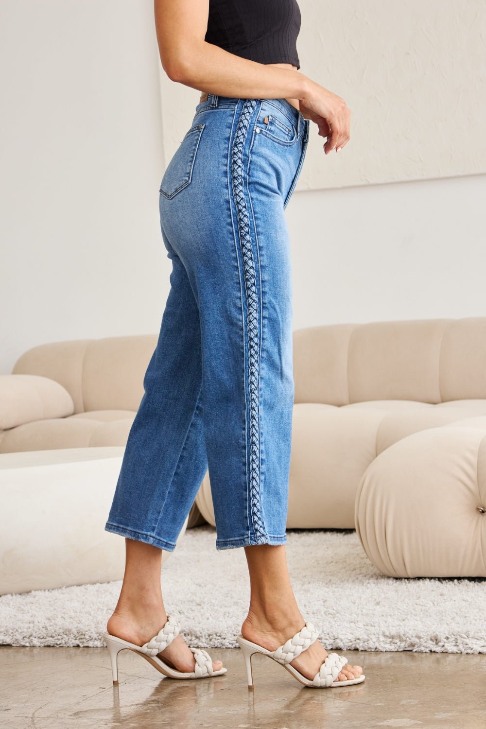 Judy Blue - Medium Wash Side Braid Detail Wide Leg Jeans