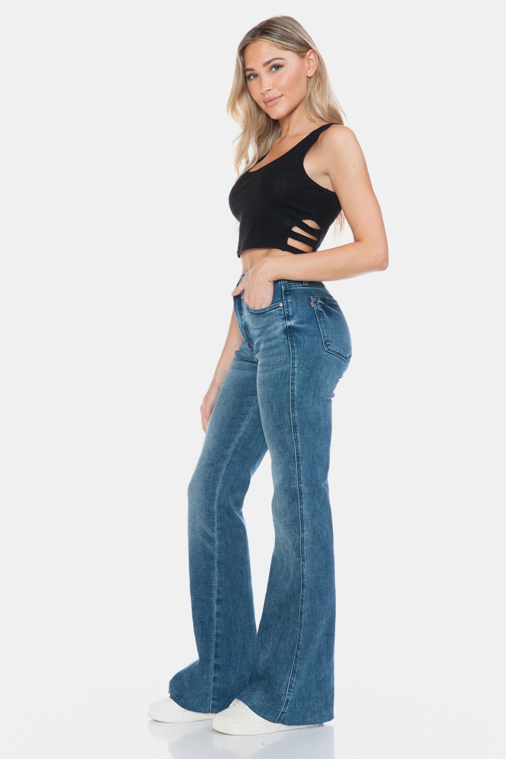 Judy Blue - Medium Wash Tummy Control Cut Hem Flare Jeans