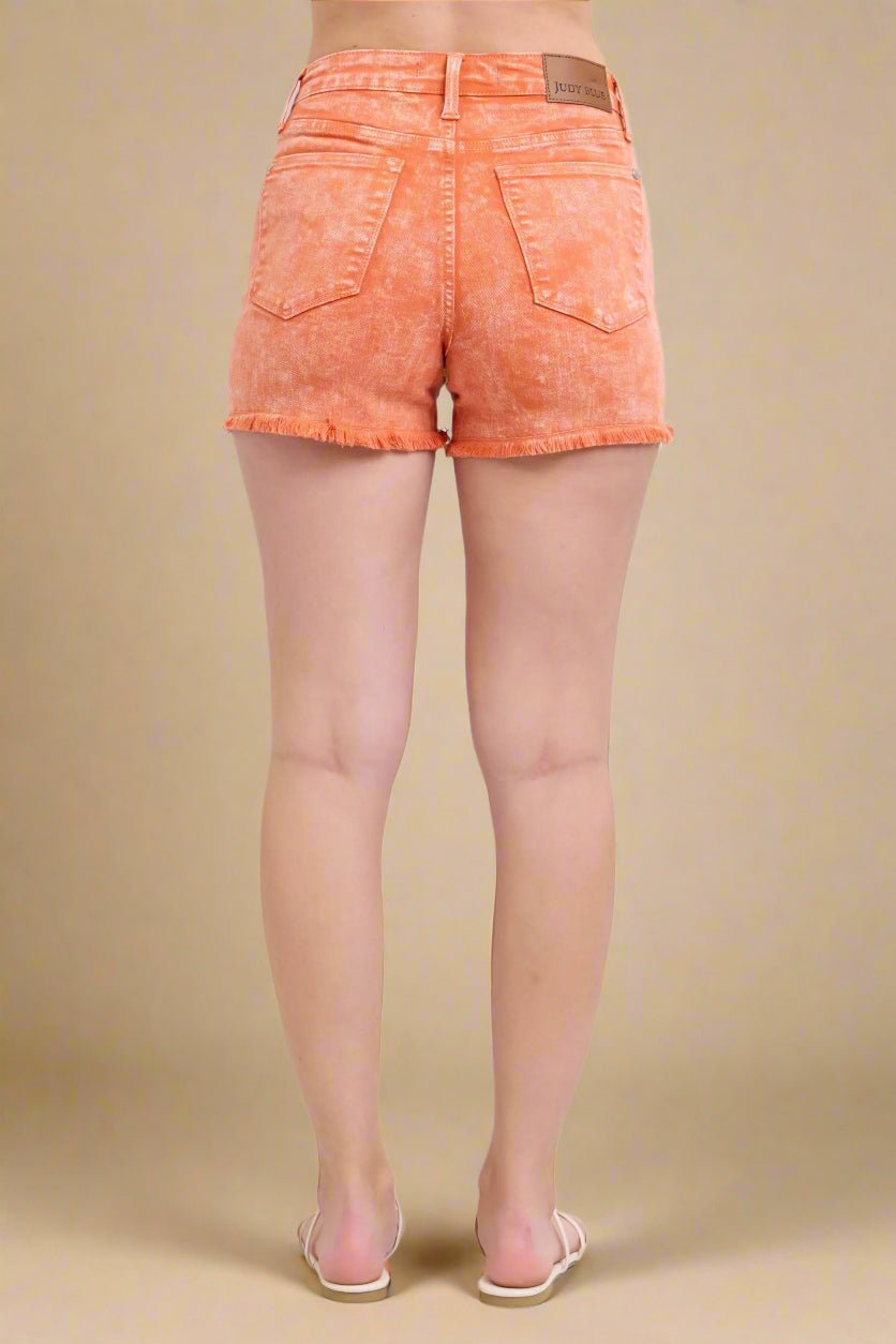 Judy Blue - Orange Washed Frayed Hem Denim Shorts