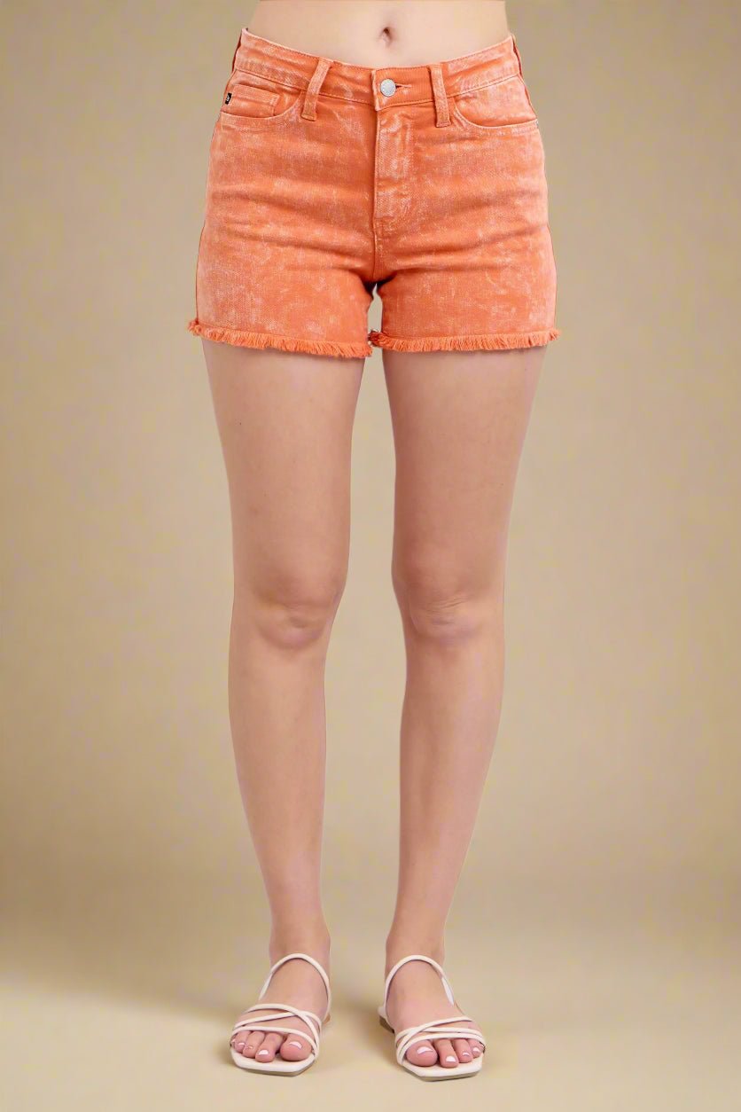 Judy Blue - Orange Washed Frayed Hem Denim Shorts