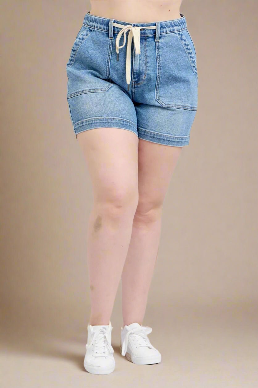 Judy Blue - Plus Size Light Wash High Rise Denim Drawstring Shorts
