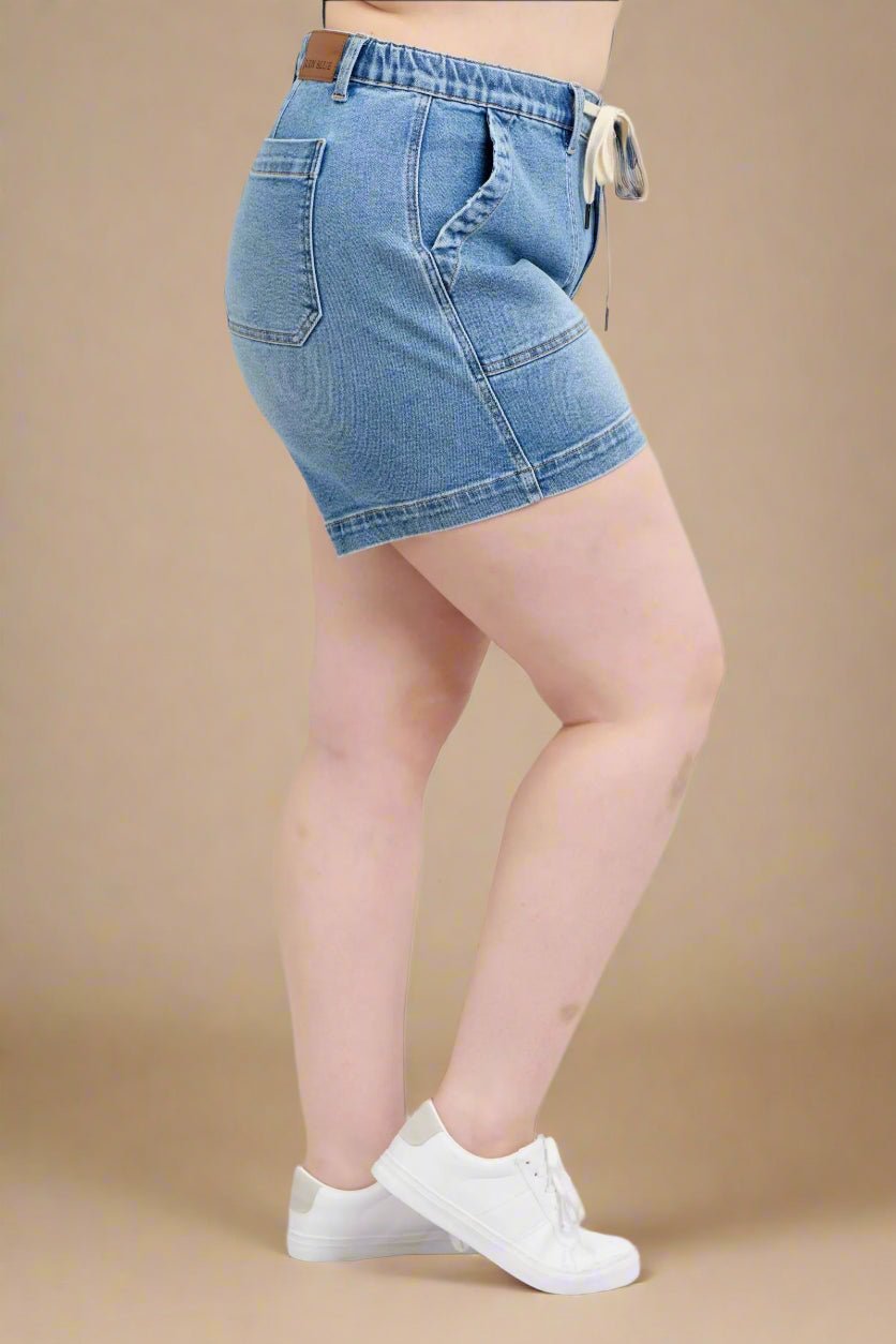 Judy Blue - Plus Size Light Wash High Rise Denim Drawstring Shorts