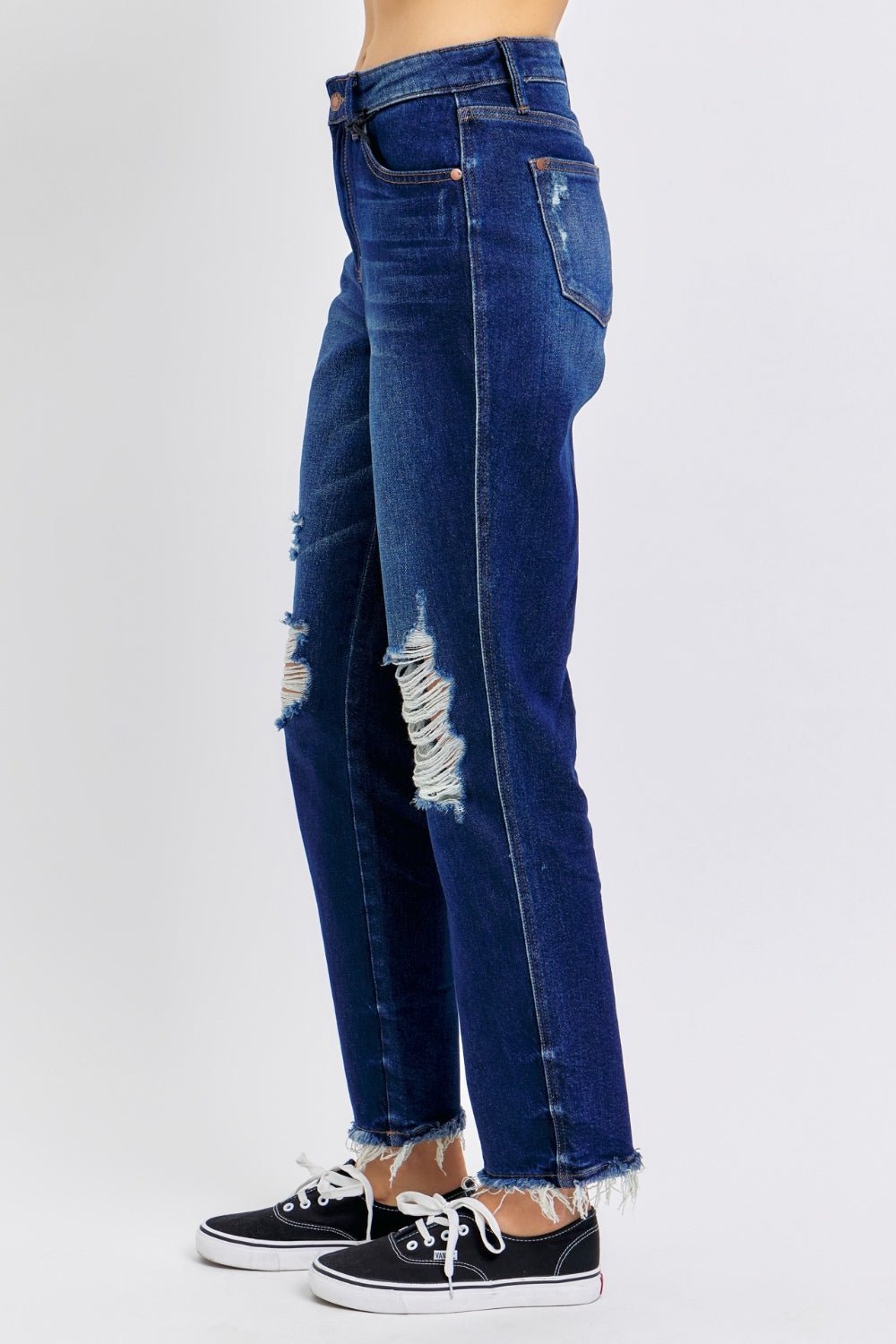 Judy BlueDark Wash High Waist Rigid Magic Heavy Destroy Straight Jeans