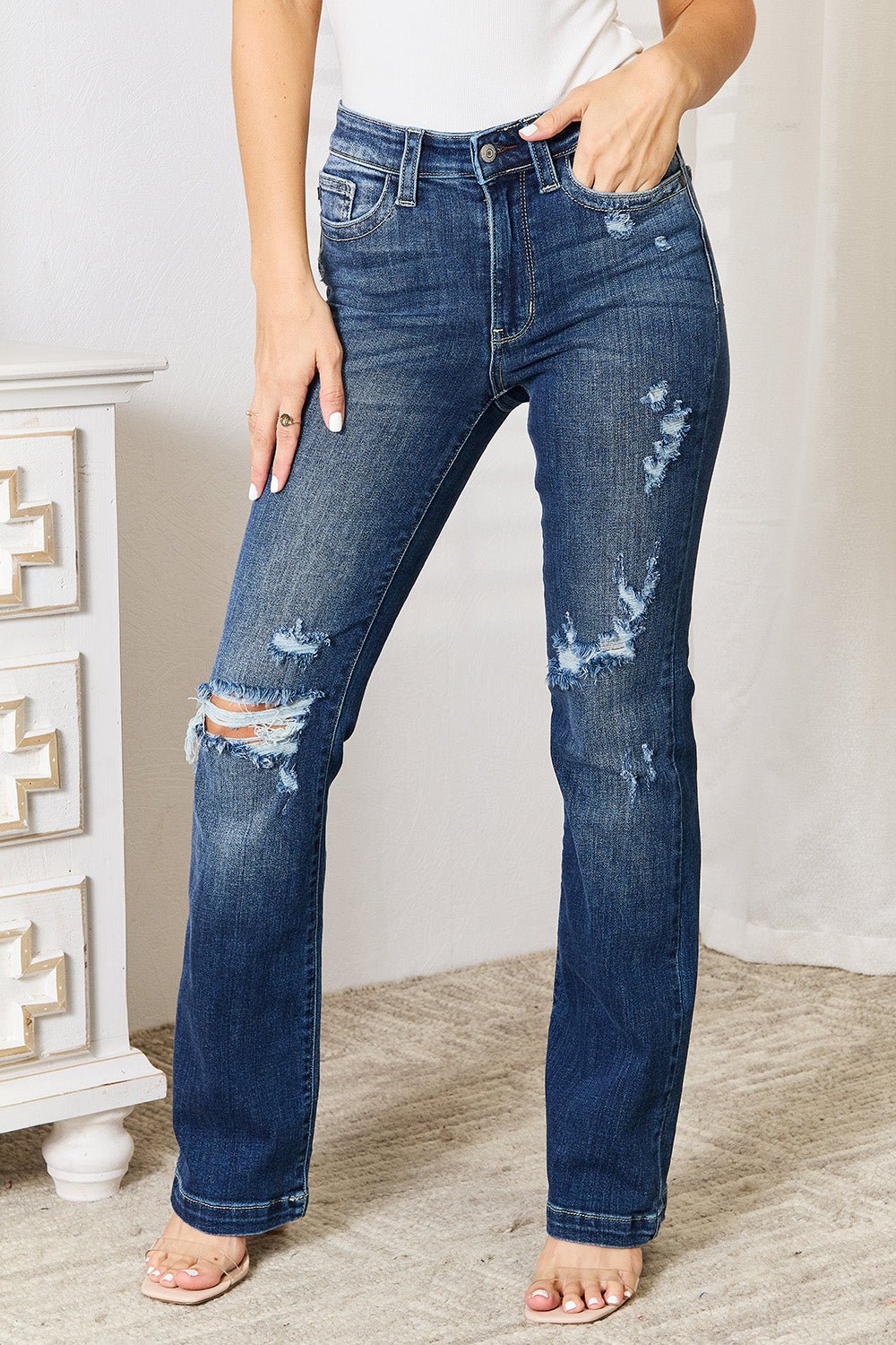 Judy BlueDark Wash Mid Rise Hand Sand & Destroy Bootcut Jeans